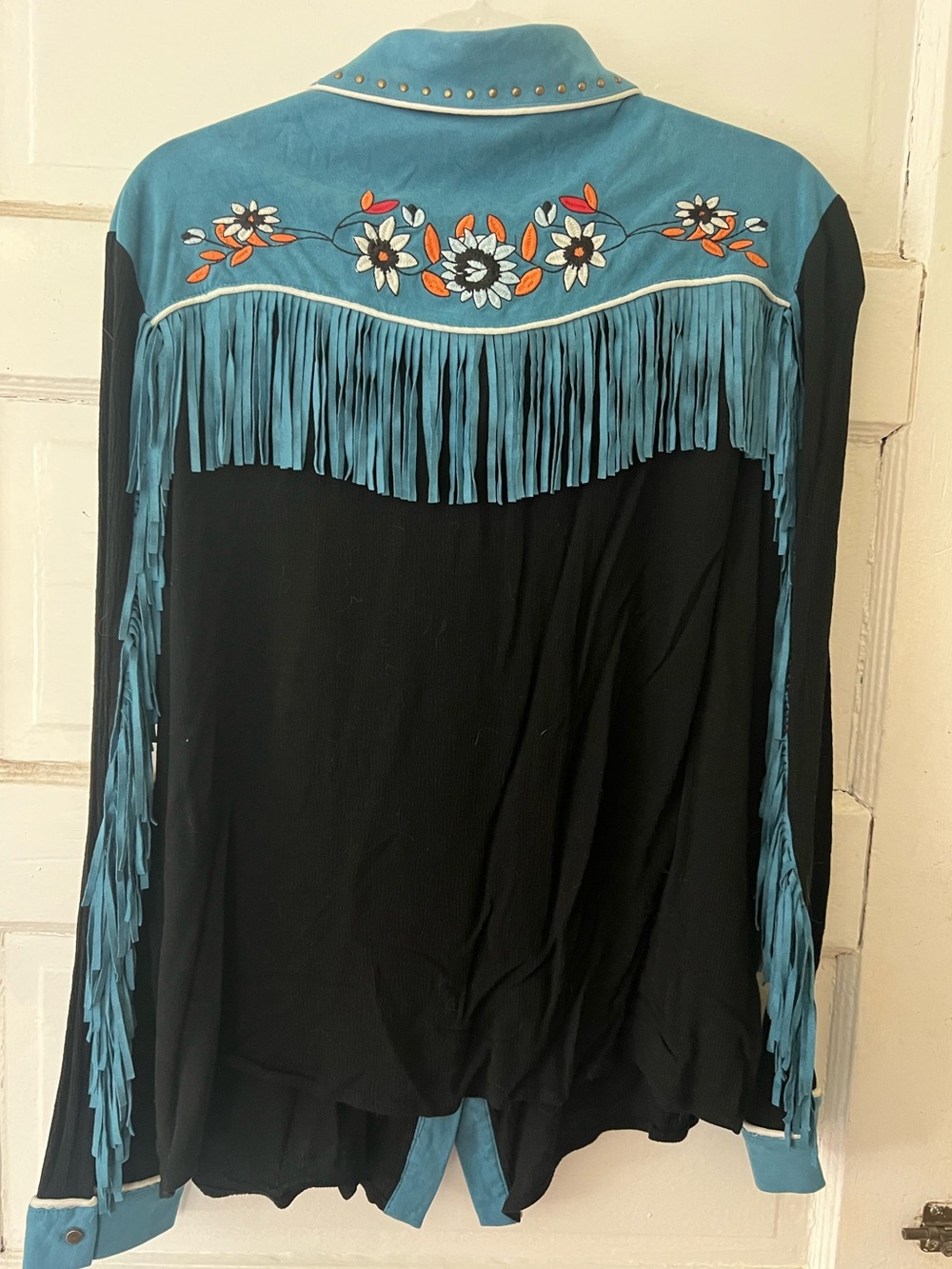 Teal Suede Western Shirt with Embroidered Floral Design & So Much Fringe!!